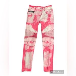 Fashion Leggings Printed Faux Jean Design Pink-White Size S/M